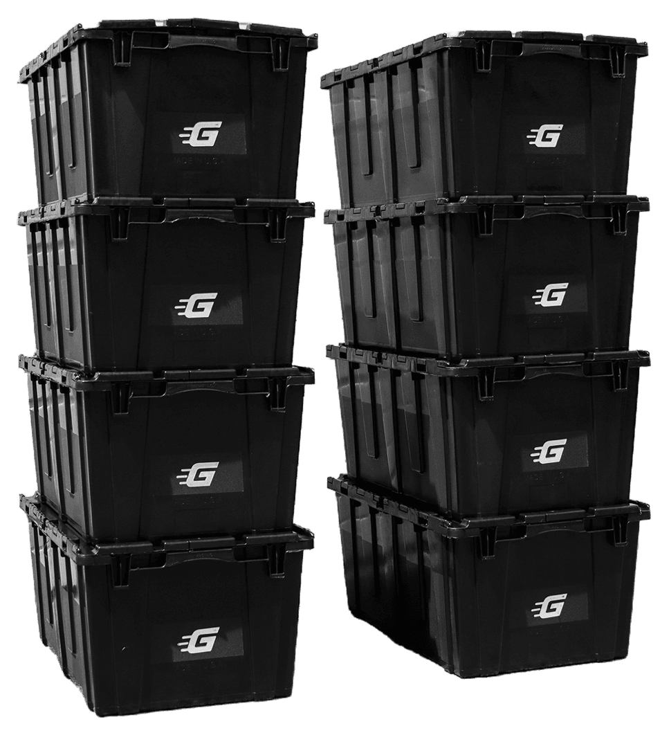 Two stacks of four latched black Ghatt2Go bins