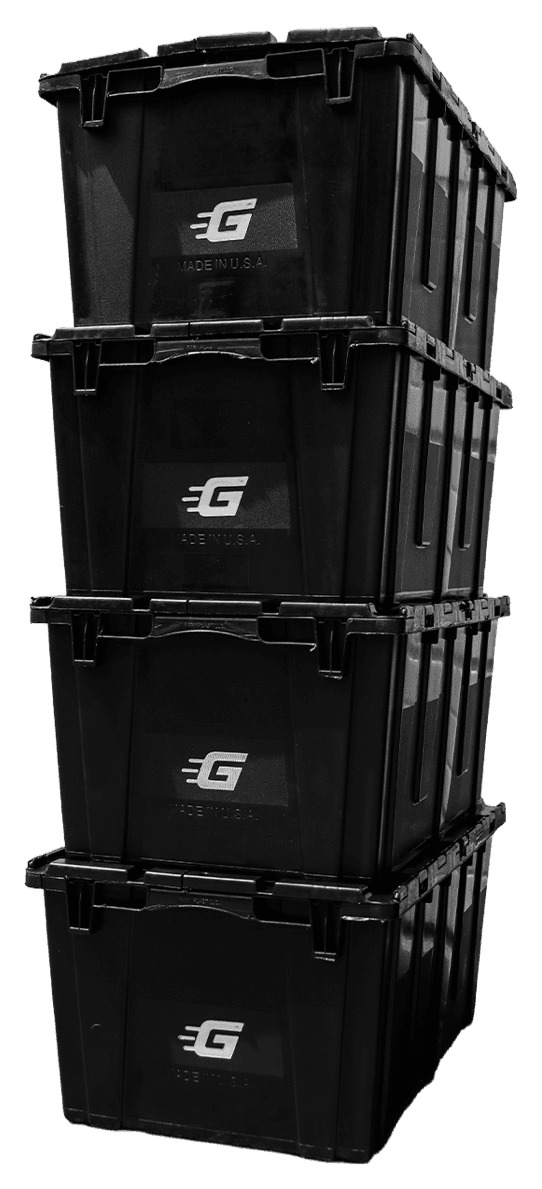 A tower of four stacked Ghatt2Go bins with lids latched