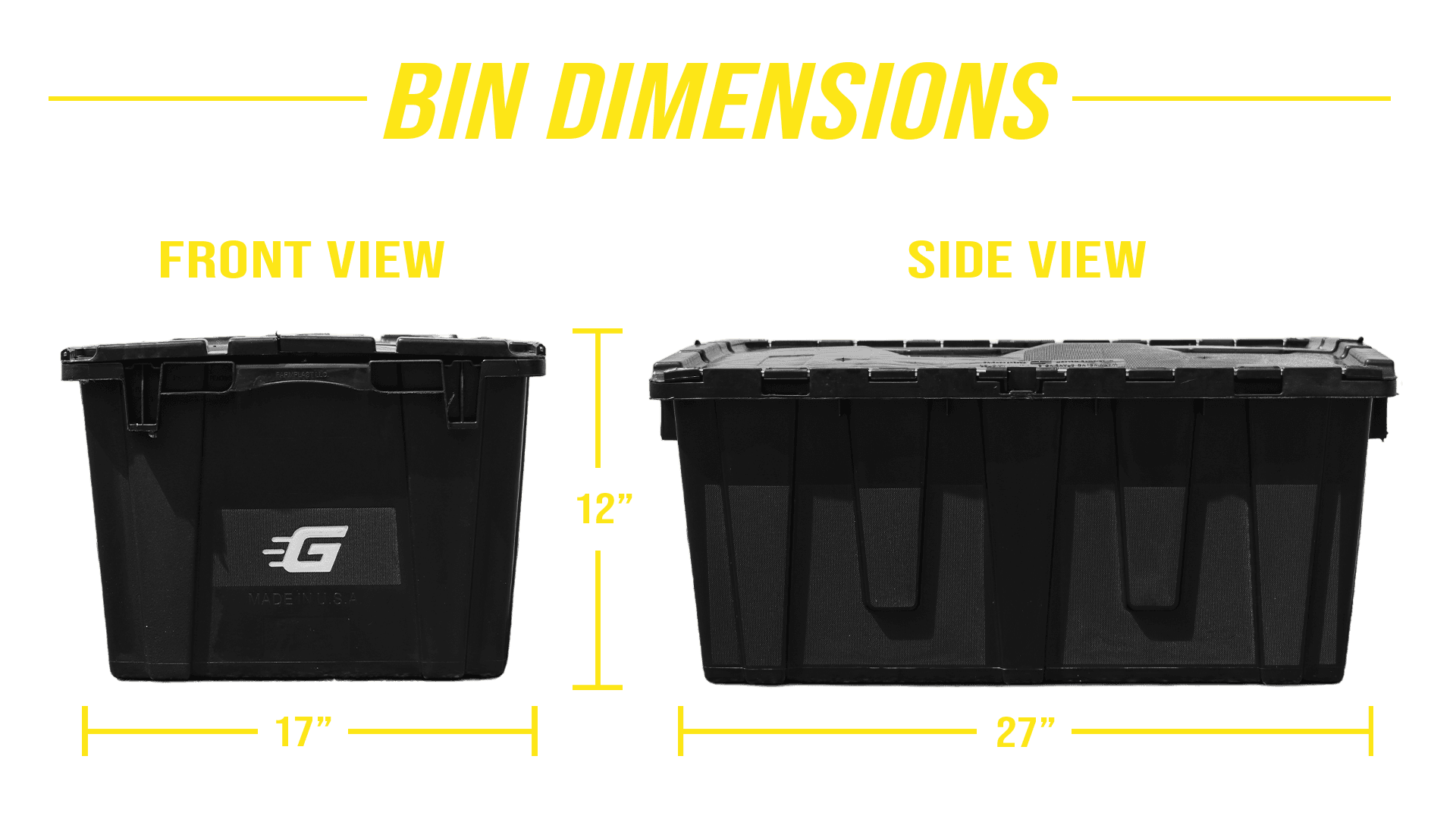 Ghatt2Go bin dimensions — front view 17 inches wide by 12 inches tall, side view 27 inches long